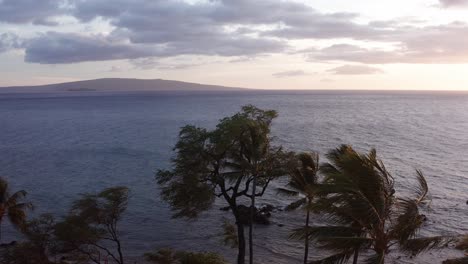 Low-and-slow-aerial-shot-flying-over-pam-trees-along-the-beach-in-Wailea-with-Molokini-Crater-and-the-sacred-island-of-Kaho'olawe-in-the-distance-at-sunset-in-Maui,-Hawai'i