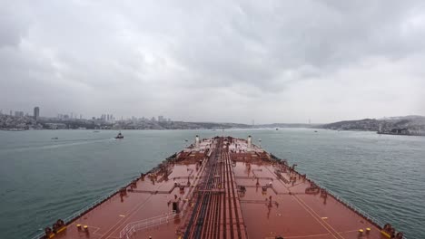 Timelapse-oil-tanker-bow-crossing-Bosphorus-strait-west-entrance-cloudy-day