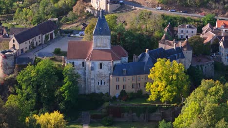 Aerial-view-of-Gargilesse-village-and-its-castle,-France