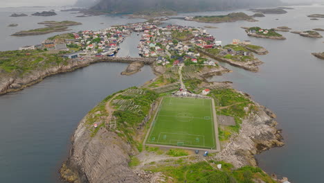World-famous-Henningsvaer-football-pitch-on-rocky-island,-Lofoten