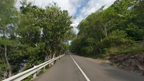 Driving-on-amazing-road-between-forest-and-lush-vegetation,-rocks-and-trees-on-both-road-sides,-Mahe-Seychelles
