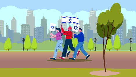 4k-animation-2D---protesters-with-Israeli-flags-in-support-of-that-country-and-against-the-war-walk-through-the-city