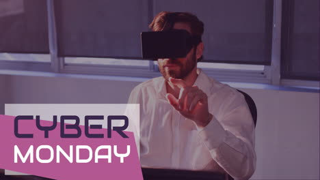 Cyber-Monday-text-and-man-using-virtual-reality-headset-4k