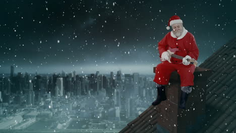 Video-composition-with-falling-snow-over-desk-with-santa-siting-on-the-top-of-roof