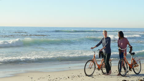 Couple-interact-while-walking-with-bicycle-on-beach-4k