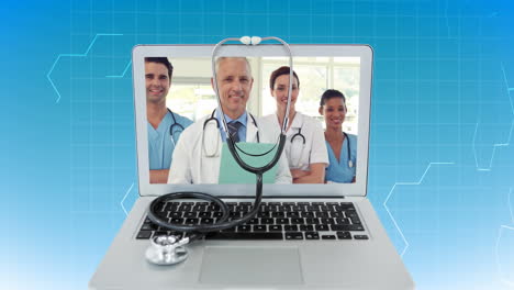Digital-animation-of-stethoscope-on-laptop-and-group-of-doctors-displayed-on-the-screen-4k