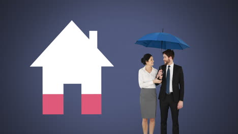 Hausform-Füllt-Sich-Mit-Farbe-Und-Zwei-Menschen-Stehen-Unter-Einem-Regenschirm