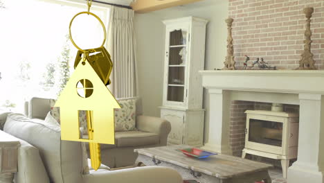 Hausschlüssel-Und-Schlüsselanhänger-Hängen-Mit-Haus-Im-Hintergrund