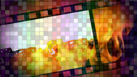 Animation-of-cinema-film-with-fire-and-mosaic-in-background