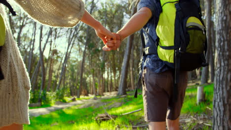 Couple-holding-hands-while-running-in-the-forest-4k