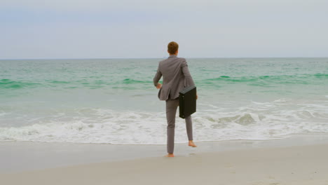 Rear-view-of-Caucasian-Businessman-jumping-with-briefcase-on-the-beach-4k