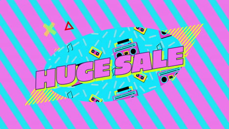 Huge-sale-graphic-on-pink-and-turquoise-diagonally-striped-background