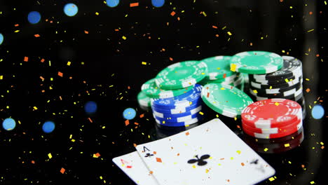 Digital-composite-of-tokens-and-cards-falling-on-the-floor-with-confetti-and-bubble-animation