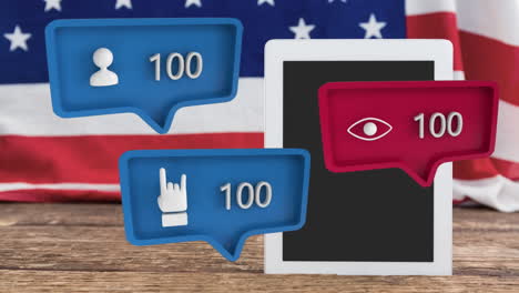 A-flag-behind-a-tablet-and-icons-for-social-media