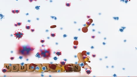 Animation-of-floating-macro-Covid-19-cells-over-falling-pills