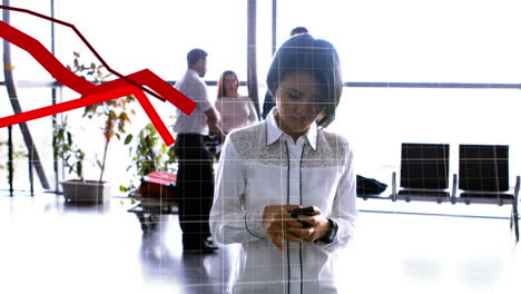 Red-graph-forming-on-a-grid-over-Asian-woman-standing-on-an-airport,-using-a-smartphone