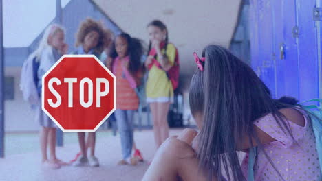 Stop-sign-and-girl-crying-in-school-against-flickering-background