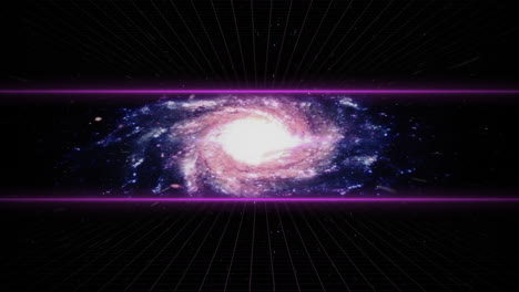 Rotating-galaxy-on-night-sky-between-two-purple-horizontal-lines
