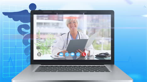 Animation-of-a-laptop-screen-showing-female-doctor-during-a-video-call.-