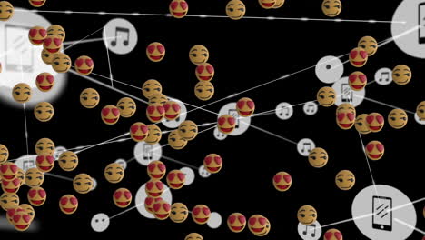 Animation-of-network-connections-with-music,-smartphone-icons-and-3D-emoticons