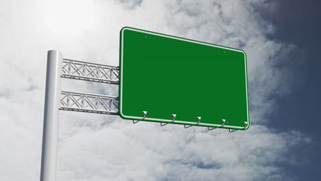 Animation-of-blank-green-road-sign-over-sky-in-the-background.-