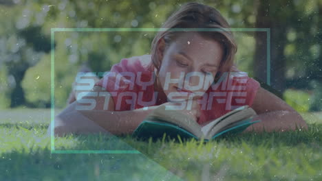 Animation-of-text-Stay-Home-Stay-Safe-in-frame-over-Caucasian-woman-reading-a-book