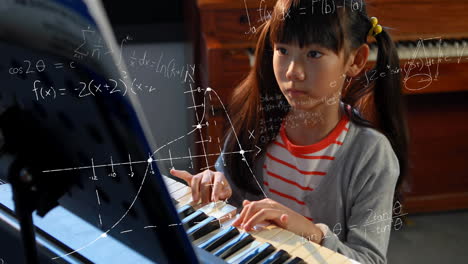 Mathematische-Gleichungen-Schweben-Gegen-Ein-Mädchen,-Das-Klavier-Spielt