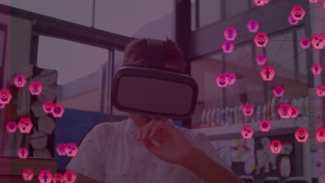 Welt-Des-Netzwerks-Von-Verbindungen-Gegen-Jungen,-Die-VR-Headset-Verwenden