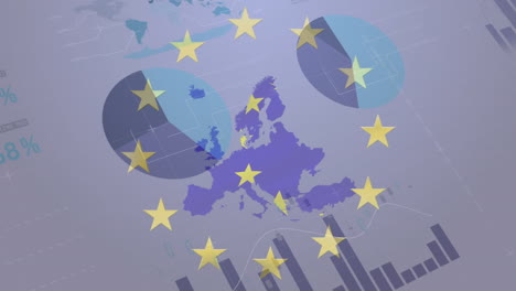 Karte-Der-EU-Mit-Gelben-Sternen,-Die-Sich-Gegen-Grafiken-Und-Statistikdaten-Drehen