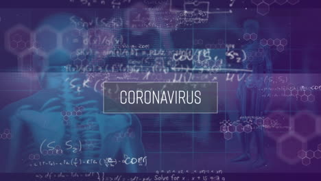 Animación-De-Una-Palabra-Coronavirus-Sobre-Modelos-3d-De-Cuerpo-Humano,-Procesamiento-De-Datos-En-Segundo-Plano.