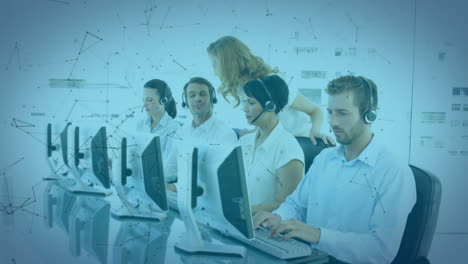 Animation-of-group-of-multi-ethnic-call-centre-workers-wearing-headsets-and-using-computers-in-an-of