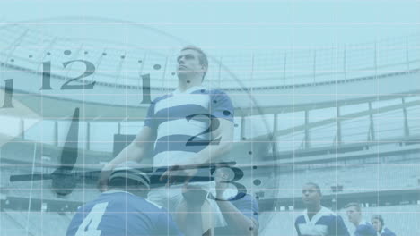 Animation-of-clock-ticking-with-white-arrows-going-right-over-two-multi-ethnic-rugby-teams