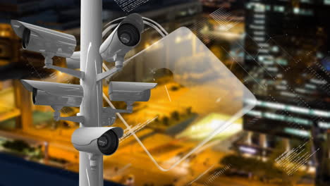 Animation-Von-Sich-Bewegenden-CCTV-Kameras-Und-Online-Sicherheits-Vorhängeschloss-Symbol-Mit-Stadtbild-Im-Hintergrund