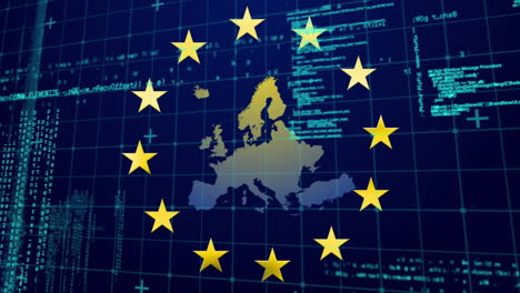 Gelbe-Sterne-Drehen-Sich-über-Der-EU-Karte-Gegen-Die-Datenverarbeitung