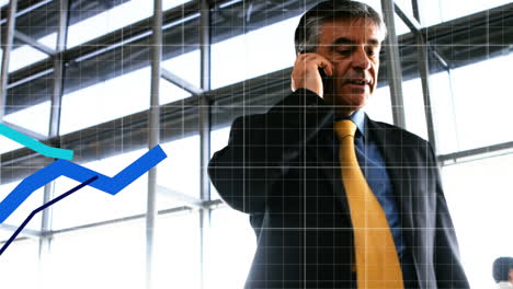 Animation-of-blue-graph-forming-on-grid-over-man-talking-on-phone