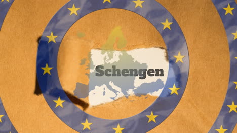 Texto-De-Schengen-Sobre-Estrellas-Amarillas-En-Círculos-Azules-En-Movimiento-Contra-El-Mapa-De-La-UE