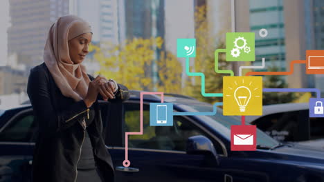 Netz-Von-Verbindungssymbolen-Gegen-Eine-Frau-Im-Hijab-Mit-Smartwatch