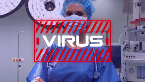 Animación-Del-Virus-De-La-Palabra-Con-Un-Trabajador-De-La-Salud-En-Segundo-Plano-Durante-La-Pandemia-Del-Coronavirus