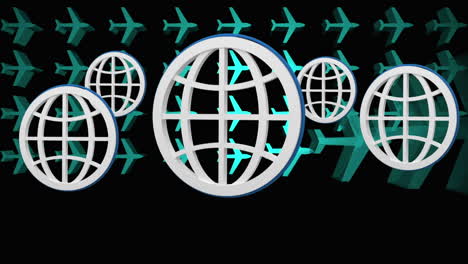 Animation-of-five-digital-globes-bouncing-over-green-aeroplanes