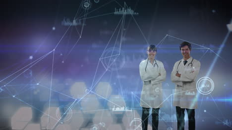 Animation-of-two-doctors-crossing-their-arms-over-statistics-showing-in-the-background.-