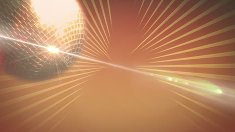 Animation-of-glowing-disco-ball-spinning-with-yellow-rays-on-orange-background