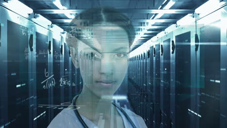 Portrait-of-mixed-race-female-doctor-with-network-of-computer-servers-and-scientific-data-processing