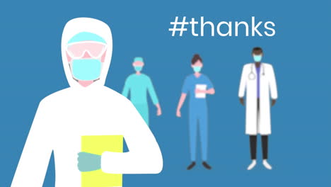 Animation-Eines-Blinkenden-Wortes-„Danke“-Auf-Blauem-Hintergrund-Mit-Piktogrammen-Des-Medizinischen-Personals