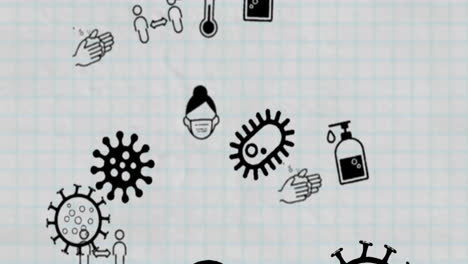 Coronavirus-cells-mask-lungs-social-distancing-floating-black-icons