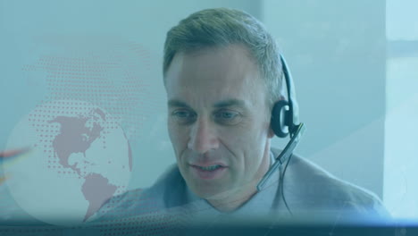Animation-of-Caucasian-man-wearing-headset-and-using-computer-over-globe-spinning
