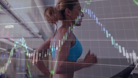 Financial-data-over-woman-running-on-treadmill.