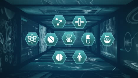 Digitally-generated-video-of-medical-icons-and-data-processing