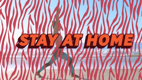 Animation-Der-Orangefarbenen-Wörter-„Stay-At-Home“-über-Einer-Kaukasischen-Frau,-Die-Am-Strand-Trainiert