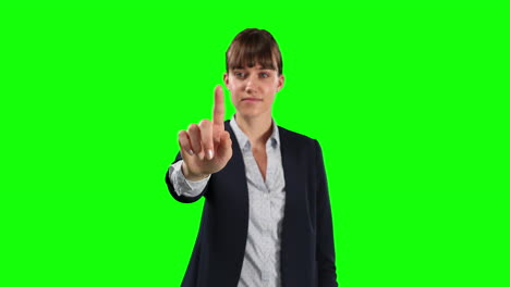 Front-view-of-Caucasian-woman-touching-the-screen-with-green-screen