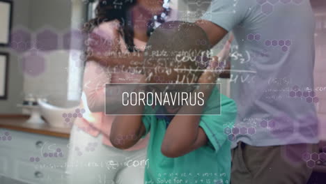 Digitales-Zusammengesetztes-Video-Aus-Coronavirus-Text-Und-Mathematischen-Gleichungen,-Die-Sich-Gegen-Die-Familie-Bewegen